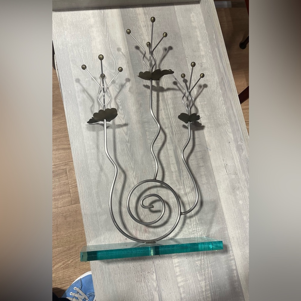 Modern Silver Metal Sculpture with Green Base